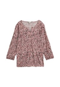 Langärmlige, v-Ausschnitt Bluse in Hellrosa mit einem strukturierten Muster und schwarz-weißen Akzenten. Weicher Stoff, lockerer Schnitt und ohne Verschlüsse.