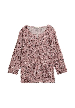 Blouse à manches longues et décolleté en V de couleur rose clair avec un motif texturé agrémenté d'accents noirs et blancs. Tissu doux, coupe décontractée et sans fermetures.