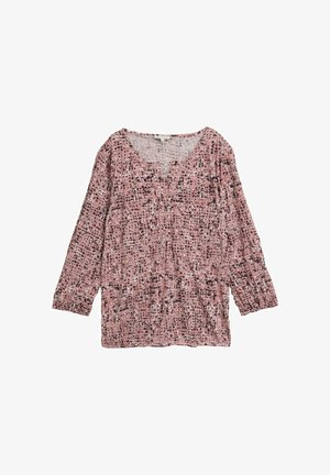 Pitkähihaisen, v-aukkoinen blousen vaaleanpunaisessa värissä on kirjailtu kuosis jossa on mustia ja valkoisia yksityiskohtia. Pehmeä kangas, rento istuvuus ja ilman kiinnityksiä.