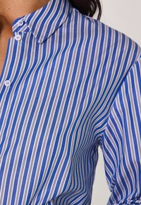 Camicia a righe blu e bianche con colletto a punta; il tessuto appare liscio e leggero, con sottili righe verticali e bottoni bianchi.
