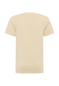 Beige bavlněné tričko s krátkým rukávem, kruhovým výstřihem a hladkým povrchem. Design je jednoduchý, bez vzorů nebo akcentů.