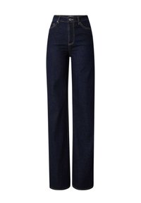 Donkerdenim wijde jeans met een hoge taille, voorzien van contrasterende stiksels, een knoopsluiting en een klassieke vijf-pocketontwerp.