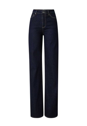 Dunkelblaue, weit geschnittene Jeans mit hoher Taille, die über kontrastierende Nähte, einen Knopfverschluss und ein klassisches Five-Pocket-Design verfügen.