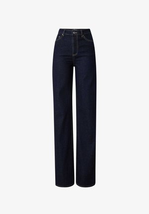Dunkelblaue, weit geschnittene Jeans mit hoher Taille, die über kontrastierende Nähte, einen Knopfverschluss und ein klassisches Five-Pocket-Design verfügen.