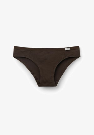 Brązowe bawełniane majtki w stylu bikini z bezszwowym wzorem i średnim stanem. Zawierają małą metkę z boku.