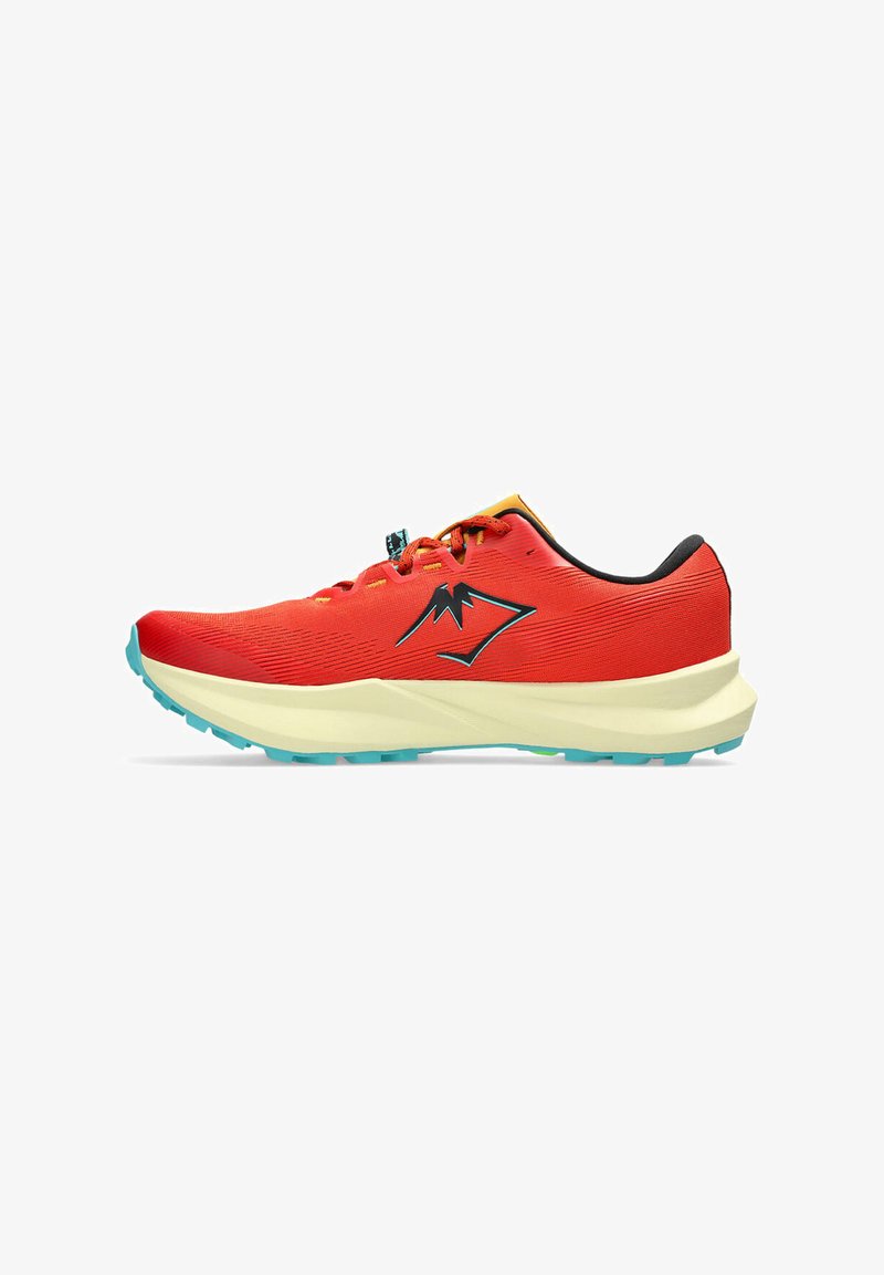 Red trail running shoe with blue sole, black mountain logo, orange laces, and thick white cushioned midsole, shown in side view.