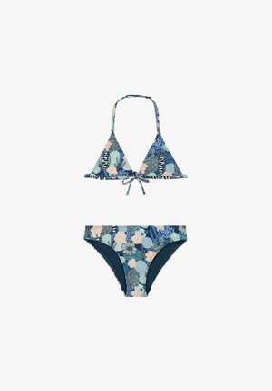 Bikini set obsahuje modrozelený kvetinový vzor s koralovými a námorníckymi akcentmi. Vrchná časť je v štýle trojuholníka s viazaním za krkom; spodná časť je stredne vysoká.