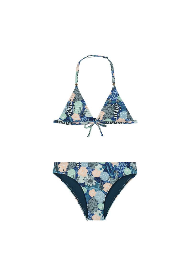 Bikini set vključuje modro-zelen cvetlični vzorec s koralnimi in mornarsko modrimi poudarki. Zgornji del je v obliki trikotnika z zavezovanjem na vratu; spodnji del je srednje visok.