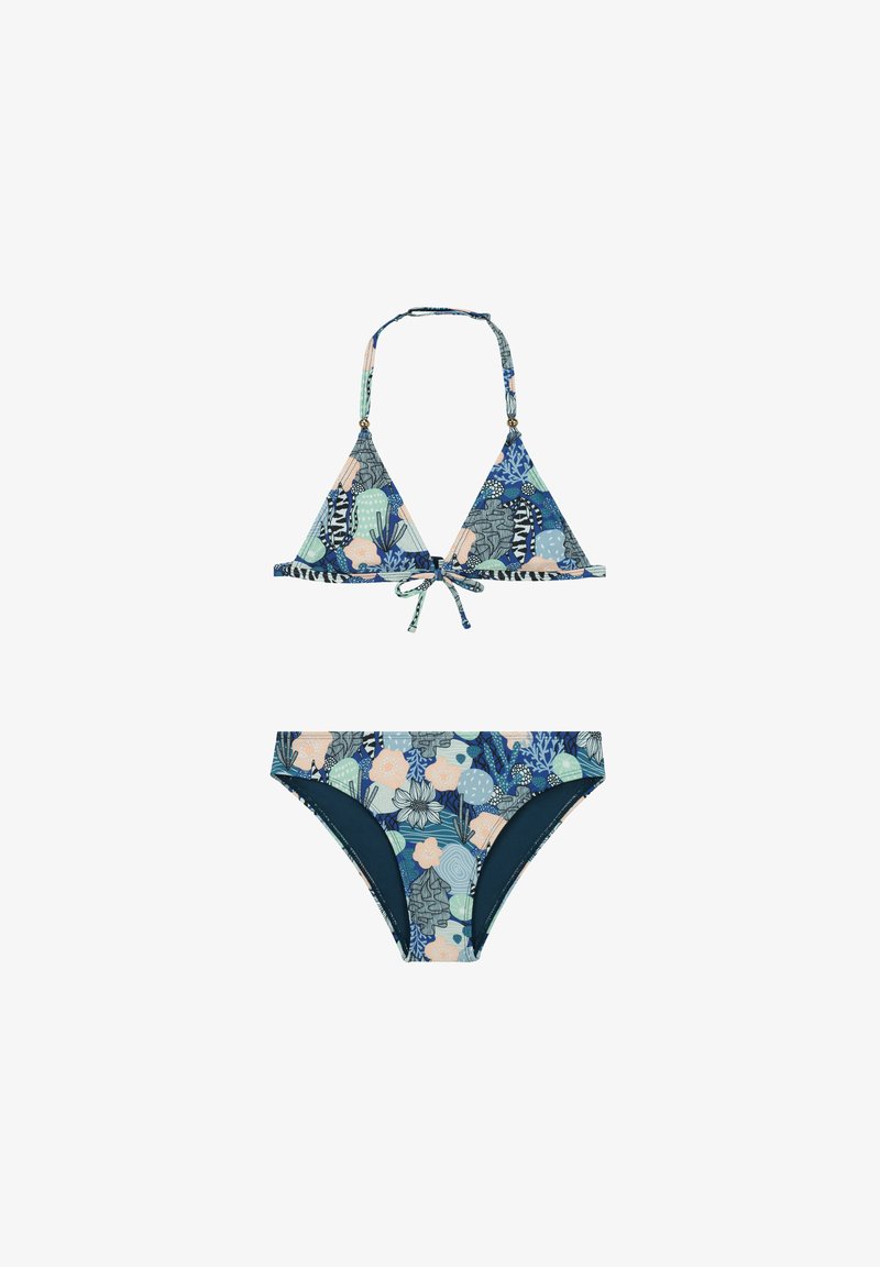 Bikini-setti sisältää sinivihreän kukkakuosin, jossa on korallin ja laivastonsinisen sävyjä. Yläosa on kolmion muotoinen, jossa on niskatuki; alaosa on keskikorkea.