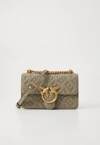 Gray leather handbag with embossed patterns, gold-tone circular hardware featuring two birds, and a chain strap. Compact rectangular design.