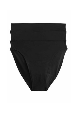 Trois culottes noires taille haute sans coutures empilées, montrant un tissu lisse et un design à couverture complète.