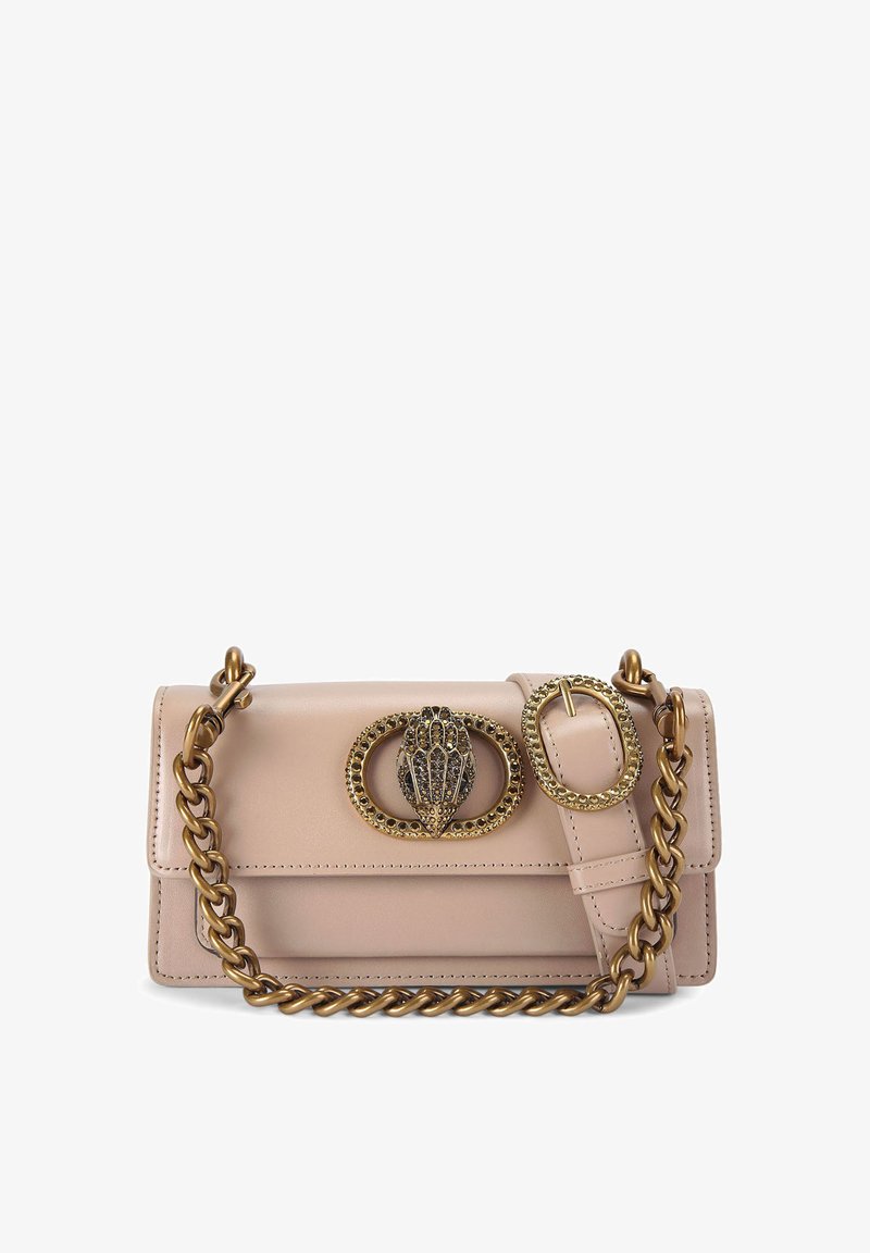 Light pink leather handbag with a gold-toned chain strap. Features ornate metallic hardware with jeweled accents and a rectangular shape.