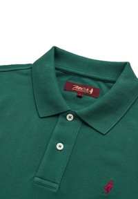 Polo verde realizzata in tessuto testurizzato, con colletto, pattina con tre bottoni e logo ricamato color bordeaux sul petto.