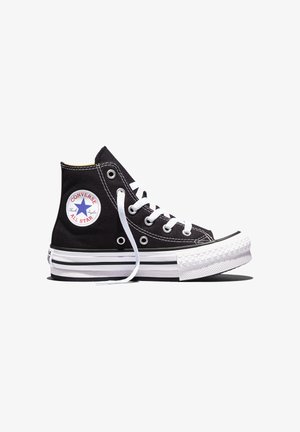 Sneaker Converse All Star alta nera con lacci bianchi e suola in gomma, mostrata di lato su sfondo bianco semplice.
