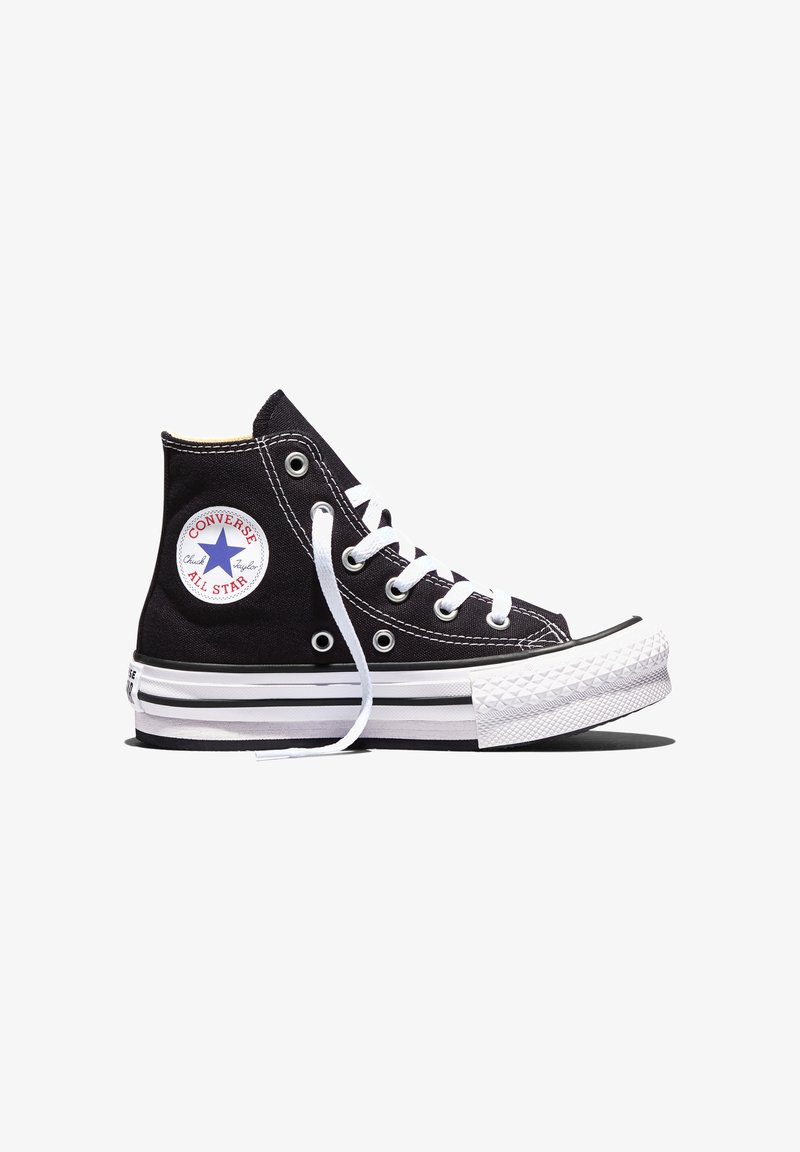Svart Converse All Star høytoppsko med hvite lisser og gummisåle, vist fra siden mot en enkel hvit bakgrunn.