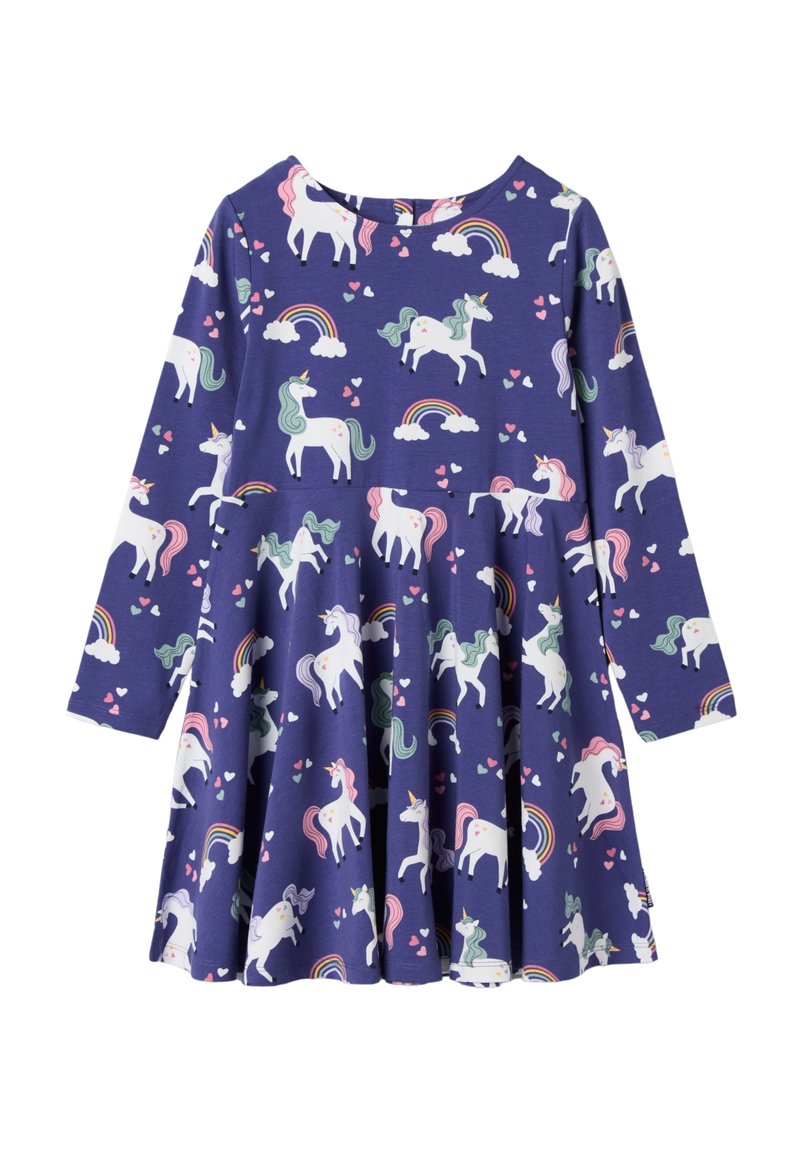 Violetti pitkähihainen mekko, jossa on kuviot yksisarvisista, sateenkaarista ja sydämistä. Valmistettu pehmeästä kankaasta, jossa on liehuva hameen muoto.