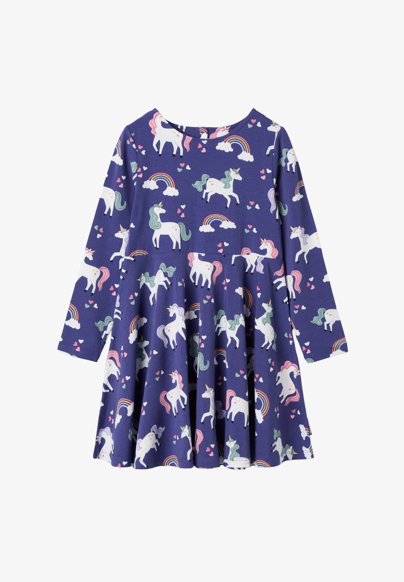 Violetti pitkähihainen mekko, jossa on kuviot yksisarvisista, sateenkaarista ja sydämistä. Valmistettu pehmeästä kankaasta, jossa on liehuva hameen muoto.