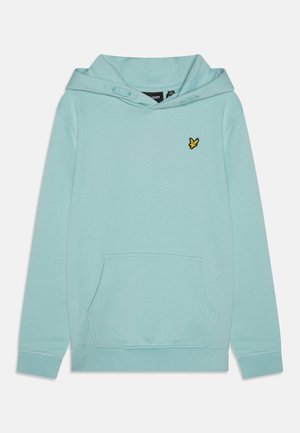 Hoodie en coton bleu clair avec poche kangourou, poignets côtelés, capuche avec cordon de serrage réglable et petit logo brodé jaune sur la poitrine.