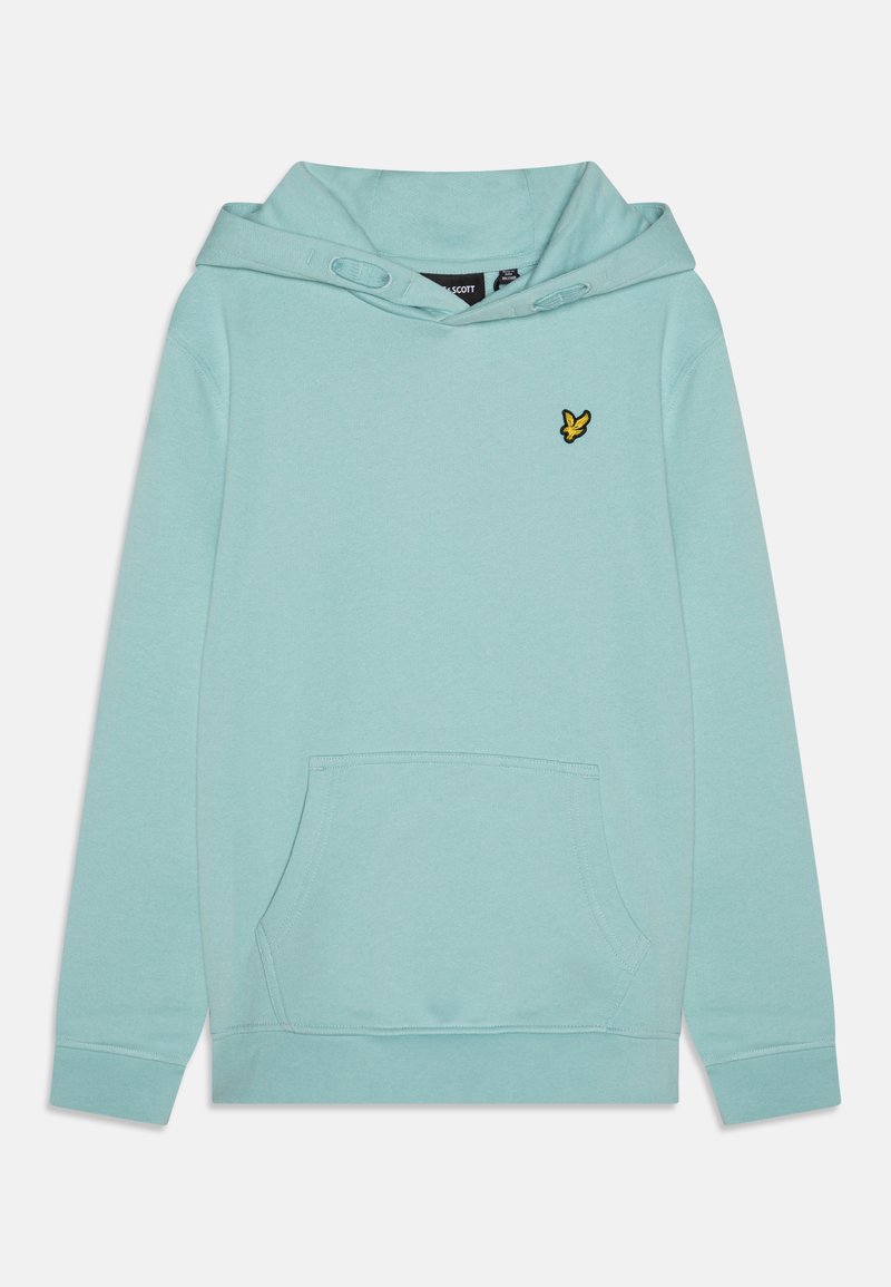 Felpa in cotone azzurro chiaro con tasca a marsupio, polsini a coste, cappuccio regolabile con cordino e piccolo logo giallo ricamato sul petto.
