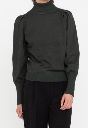 Maglione a collo alto lavorato a maglia verde scuro con maniche a palloncino e orlo a coste, realizzato in materiale morbido, ideale per essere indossato a strati.
