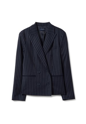 Navy blue double-breasted blazer with white vertical pinstripes, wide lapels, two front pockets, and four buttons on each side.