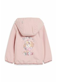 Lyserød hættetrøje med elastiske manchetter, der har en sjov grafik af en hund som en enhjørning og teksten "Sparkle like a Unicorn."