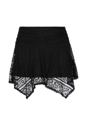 Sort blonderok med asymmetrisk kant og blomsterprint, med en tætsiddende talje og delikate gennemsigtige detaljer.