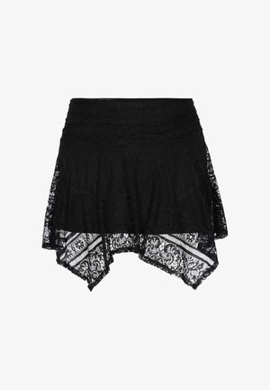 Black lace skirt with asymmetrical hem and floral patterns, featuring a fitted waistband and delicate sheer detailing.