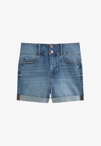 Pantalones cortos azul vaquero con dobladillos doblados, dobles botones delanteros, trabillas para cinturón y bolsillos frontales y de moneda.