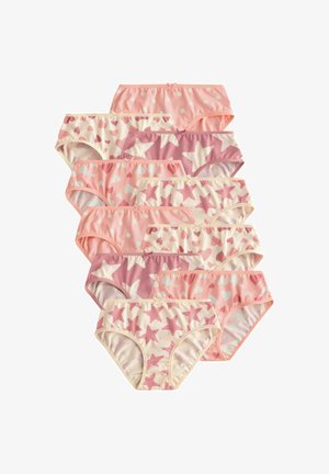 Tien paar meisjes katoenen ondergoed in roze, crème en mauve kleuren met hart-, ster- en stippenpatronen, gestapeld gerangschikt.