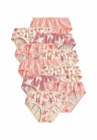 Sieben Paare Kinderunterhosen in verschiedenen Rosatönen mit Herz- und Sternmustern, aus weichem, dehnbarem Stoff mit Rüschenkanten.