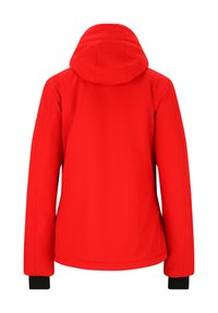 Rød softshell-jakke med hætte, der har lange ærmer, sorte manchetter og en glat tekstur. Bagviewet viser minimal detaljering.