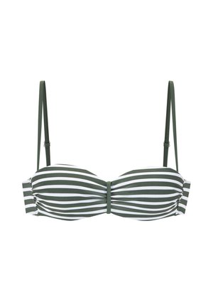 Grüner und weiß gestreifter Bikini-Oberteil mit Bandeau-Design, verstellbaren Trägern und einem zentralen Knotendetail. Glatte Stoffoberfläche.