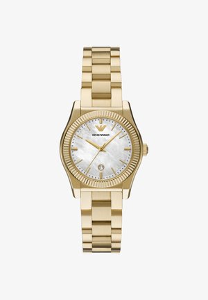 Reloj de pulsera de metal en tono dorado con bisel acanalado, esfera de nácar, marcadores de hora dorados, tres agujas, ventana de fecha a las 6 en punto, logotipo de Emporio Armani.