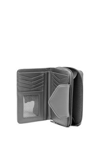 Grey leather wallet with a zip closure, multiple card slots, clear ID window, and chevron-patterned interior lining.