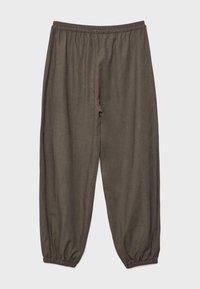 Pantalon marron foncé à coupe ample avec taille élastique et poignets élastiqués froncés, présenté à plat sur fond blanc.