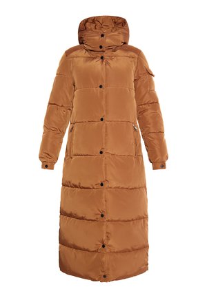 Brun, lang dunjakke med hætte, med vandrette quiltede sektioner, sorte knapper og sidelommer. Blød, glat tekstur.