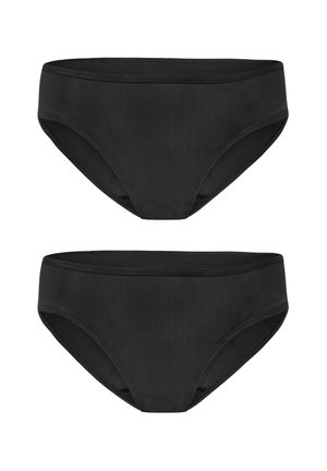 Deux paires identiques de sous-vêtements noirs unis, coupe bikini, affichées à plat avec la face avant visible sur fond blanc.