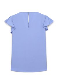 Blusa azzurro chiaro con maniche a campana, texture liscia, chiusura a oblò sul retro e orlo curvo. Design semplice e pulito.