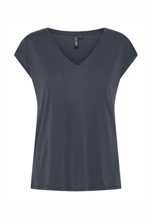 Dunkelgraues V-Ausschnitt T-Shirt mit kurzen Ärmeln, aus weichem Stoff, mit lockerer Passform und sauberem Saum.