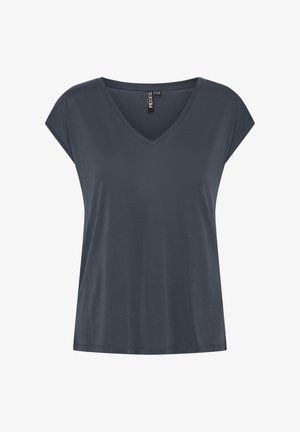 Dunkelgraues V-Ausschnitt T-Shirt mit kurzen Ärmeln, aus weichem Stoff, mit lockerer Passform und sauberem Saum.