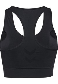 Zwarte sportbeha met een racerback ontwerp, textuurstof en een subtiel chevronpatroon op de rug, met uitsnijdingen aan de zijkanten.