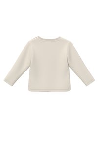 Helles beigefarbenes Sweatshirt mit langen Ärmeln, rundem Halsausschnitt und glatter Textur. Verfügt über dezente Nähte am Saum und an den Bündchen. Einfaches, minimalistisches Design.