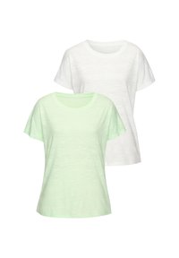 Zwei T-Shirts mit kurzen Ärmeln: eines in hellgrün und eines in weiß. Beide verfügen über einen Rundhalsausschnitt und einen weichen, strukturierten Stoff.