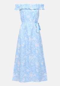 Abito floreale azzurro chiaro con dettaglio a volant off-the-shoulder, cintura in vita e gonna lunga. Realizzato in tessuto morbido con un delicato motivo bianco.