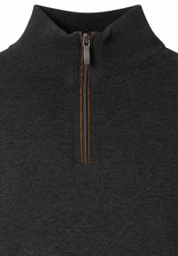 Dunkelgrauer Strickpullover mit einem halben Reißverschluss aus Metall und einem gerippten hohen Kragen.