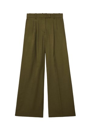 Pantalones de pierna ancha color verde oliva con pliegues, trabillas para cinturón y cintura alta, mostrados planos sobre un fondo blanco.