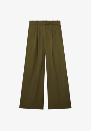 Pantalones de pierna ancha color verde oliva con pliegues, trabillas para cinturón y cintura alta, mostrados planos sobre un fondo blanco.