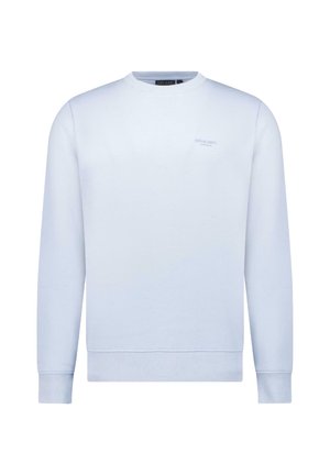 Lichtblauwe sweatshirt gemaakt van een zachte katoenmix, met een ronde hals, lange mouwen en geribbelde boorden, voorzien van subtiele branding op de borst.