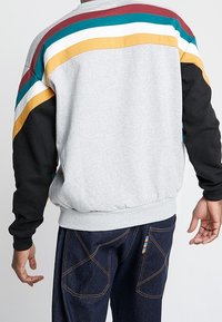 Felpa grigia con strisce multicolori (rosse, verde acqua, bianche, gialle) sulle spalle, maniche nere e orlo a coste. Indossata con jeans blu navy.